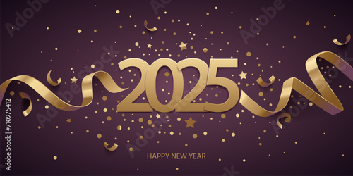 Happy New Year 2025. Golden numbers with ribbons and confetti on a dark purple background.