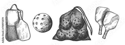Vector sport illustration with Pickleball equipment. Balls, rackets, bag, Black and white.