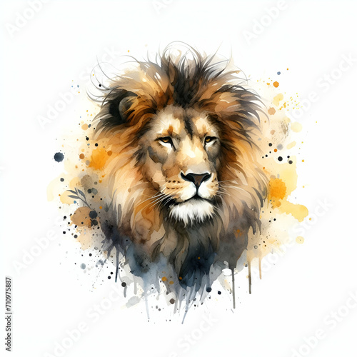 Watercolor lion in the wild isolated on white background 