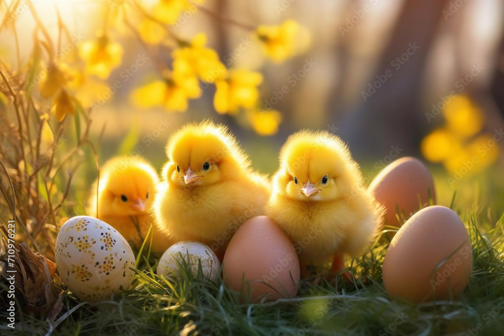 Easter holiday greeting card background. Easter eggs, flowers and three cute yellow chickens Easter holiday greeting card background. Easter eggs, flowers and three cute yellow chickens