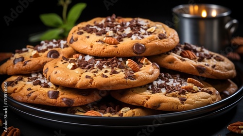 A plate full of chocolate chip cookies with nuts