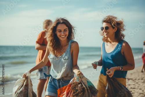 Friends participating in a beach cleanup, showcasing the collective care for the environment, outdoor activities, care, and love