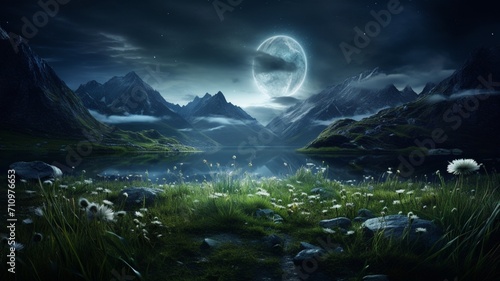 A moonlit alpine meadow surrounded by towering peaks, with wildflowers catching the ethereal glow of the celestial night -Generative Ai