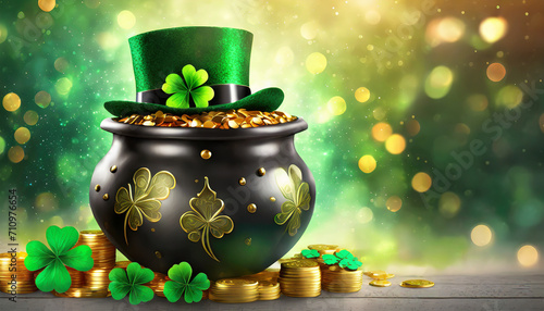 Magic pot with gold, St. Patrick's Day, Rainbow, Bokeh background Pot of Gold with Rainbow and Leprechaun Hat, St. Patrick's Day Symbol: Pot of Gold with Rainbow