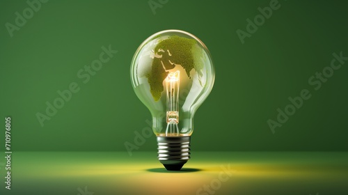 title. Green Energy. Sustainable Solutions with the Green World Map on a Light Bulb