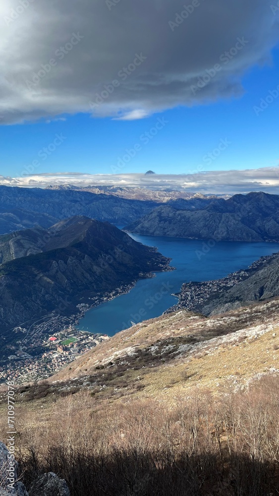 Panoramic top view of the Bay of Kotor and mountains, Montenegro