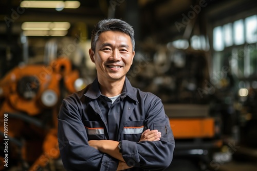 Portrait of a smiling Asian male factory worker in a hard hat and safety glasses
