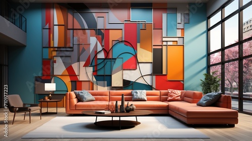 Modern living room interior with colorful geometric wall mural photo