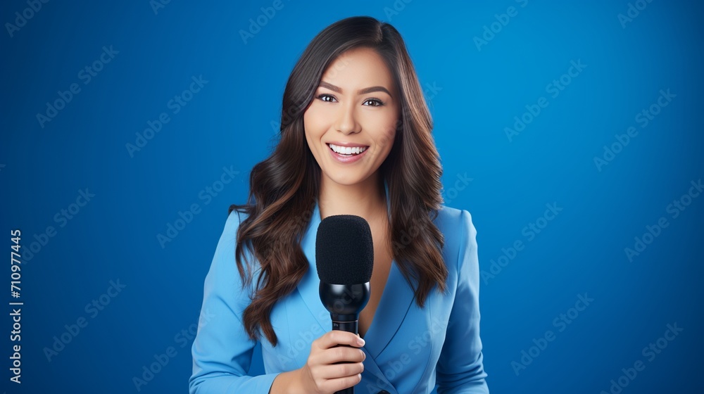 A news story is being reported by a reporter isolated on blue while holding a microphone. A news story is being reported by a reporter isolated on blue while holding a microphone.