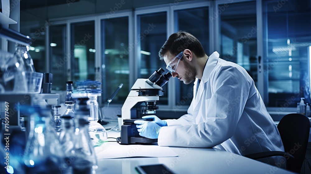 A laboratory scene featuring a young scientist utilizing a microscope - obrazy, fototapety, plakaty 