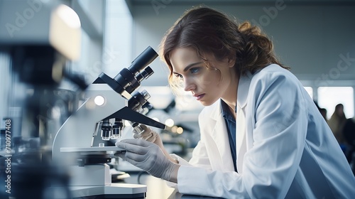 A laboratory scene featuring a young scientist utilizing a microscope photo