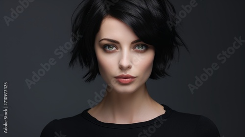 Minimalistic Portrait of a Short Dark-Haired Woman on a Gray Background AI Generated