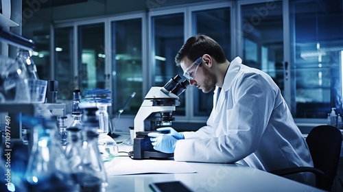 A laboratory scene featuring a young scientist utilizing a microscope photo