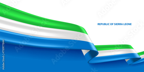 Sierra Leone 3D ribbon flag. Bent waving 3D flag in colors of the Sierra Leone national flag. National flag background design.