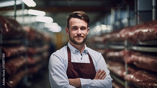 A photo of a skilled butcher in a cold storage area holding his arms crossed and a pig carcass in the background. photo
