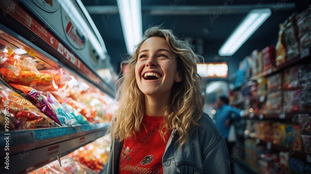 Laughing woman in grocery store