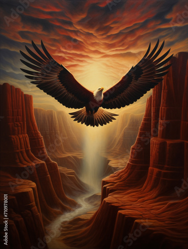 A majestic eagle soaring above a canyon, the canyon scene morphing into an open book created with Generative Ai