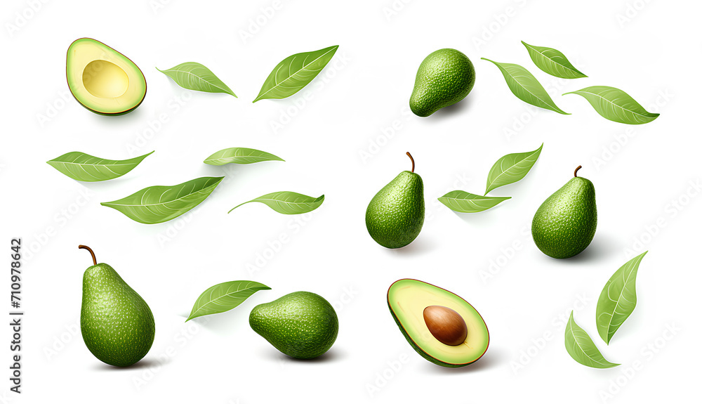 Collection set with Fresh ripe avocado with leaves falling in the air isolated on wtite background.