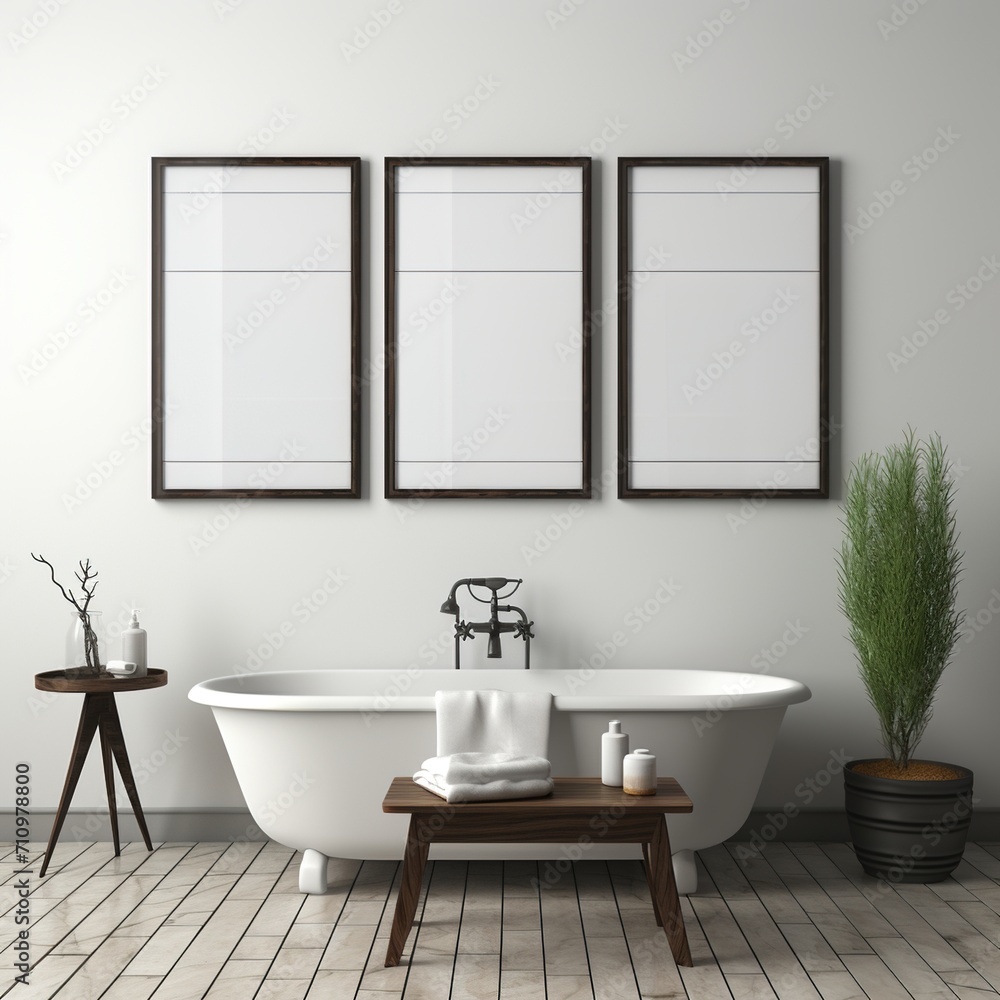 Fototapeta premium Bathroom interior with bathtub, frames and plant