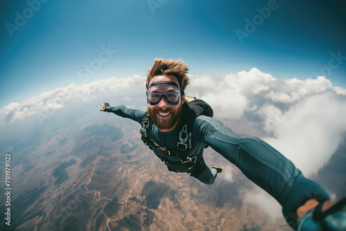 A man skydiving takes selfies in the sky next to the clouds and smiles