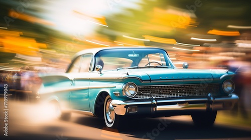 Energetic car show with stunning blurred bokeh effect in panoramic shot of the lively crowd