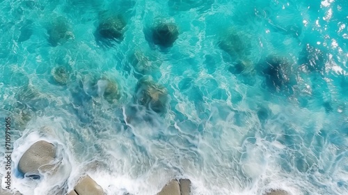An aerial view of the texture of clear ocean water at the top.