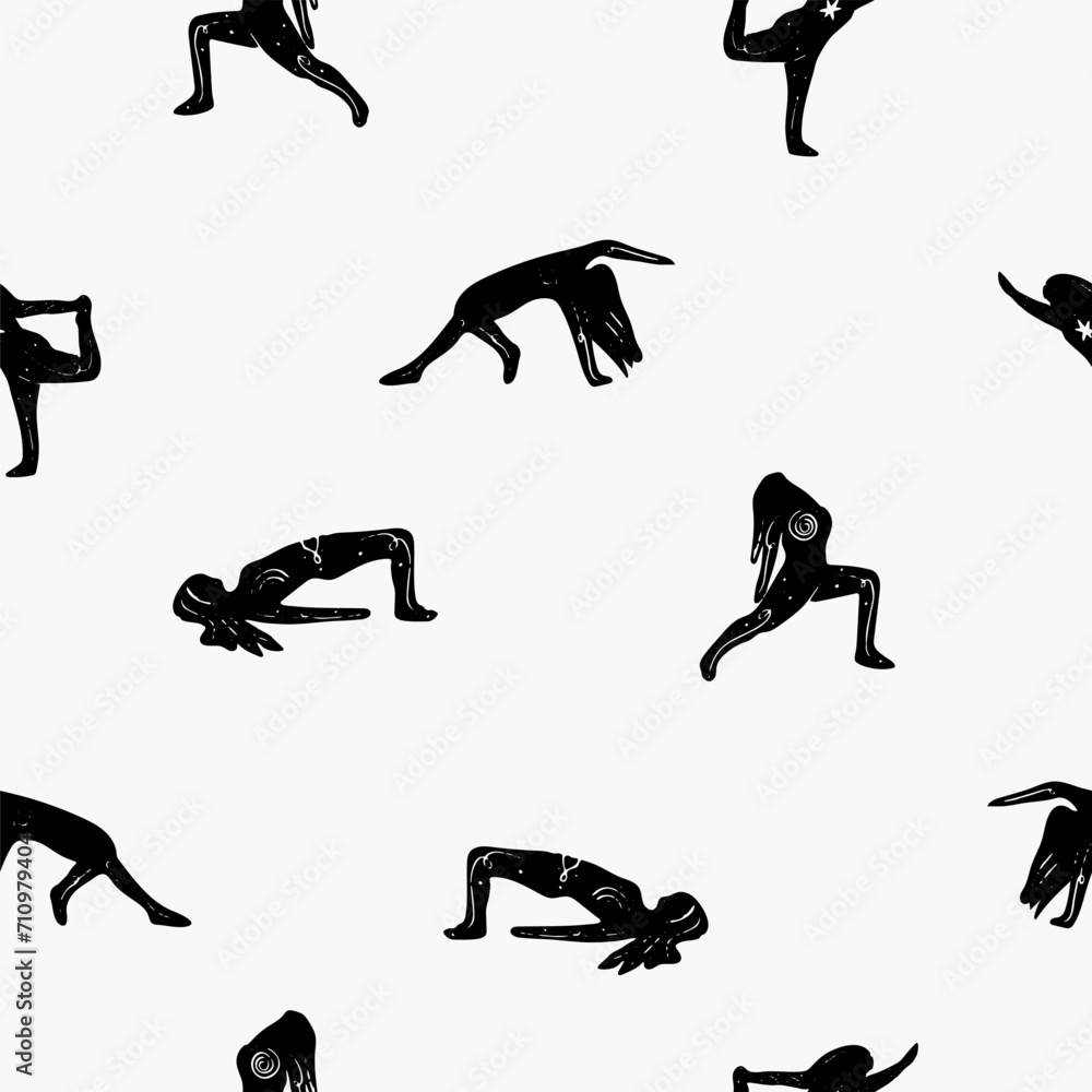 woman doing yoga seamless pattern. Healthy lifestyle print. pilates pose vector silhouette illustrations design isolated on white background woman doing yoga seamless pattern. Healthy lifestyle print. pilates pose vector silhouette illustrations design isolated on white background
