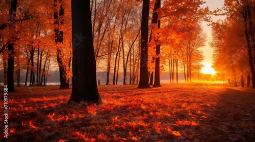 Autumn trees that are vibrantly colored with a fiery backdrop.