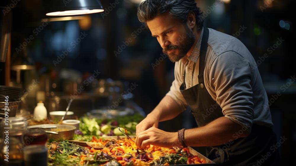 Focused male chef carefully preparing delicious meal in commercial kitchen