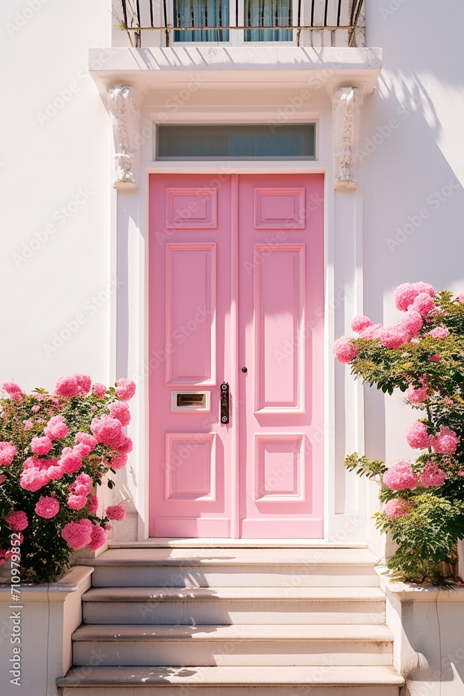 pink door and white wooden walls, potted plants in front, generative ai