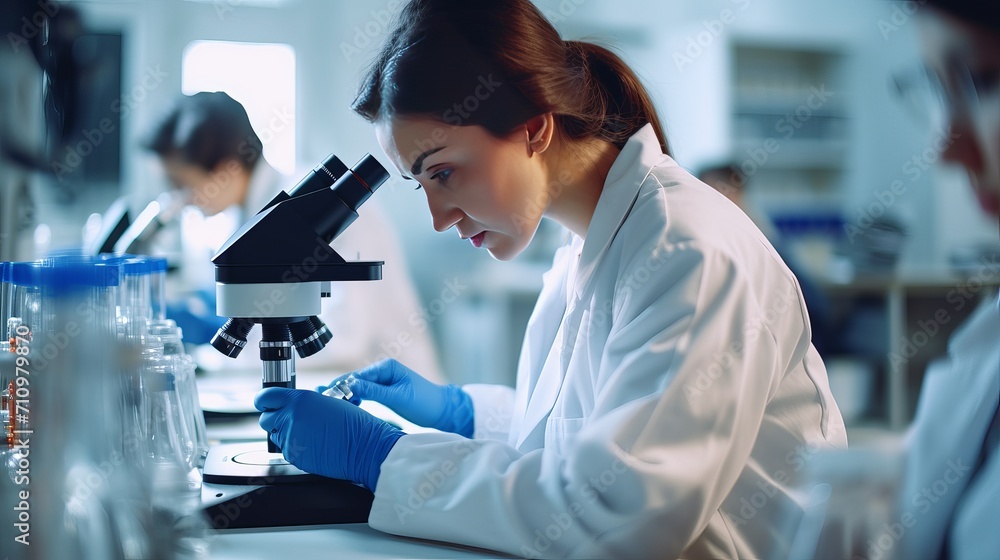 In a medical science laboratory, a young female scientist is using a microscope to analyze microbiological samples. In a medical science laboratory, a young female scientist is using a microscope to analyze microbiological samples.