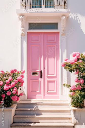 pink door and white wooden walls  potted plants in front  generative ai