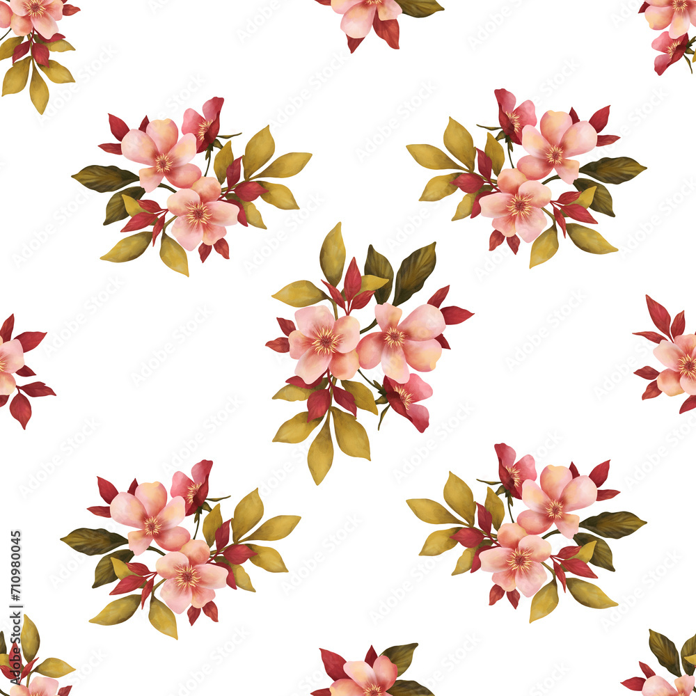 Seamless pattern of Beautiful pink flowers, fabric patterns, design, digital watercolor illustration Seamless pattern of Beautiful pink flowers, fabric patterns, design, digital watercolor illustration