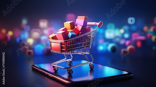 Colorful Lights and Shopping Cart Full of Boxes on Mobile Phone and Tablet Screen AI Generated