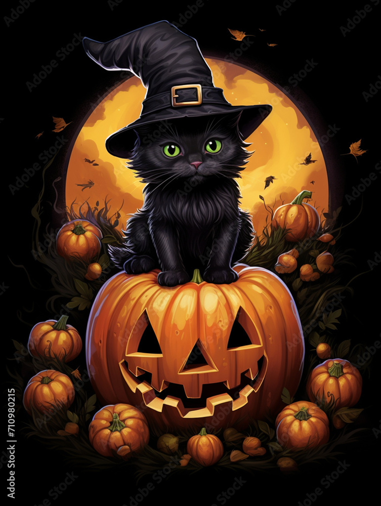 a realistic illustration of a tiny black kitten sitting on a giant pumpkin while wearing a huge black witch hat created with Generative Ai a realistic illustration of a tiny black kitten sitting on a giant pumpkin while wearing a huge black witch hat created with Generative Ai