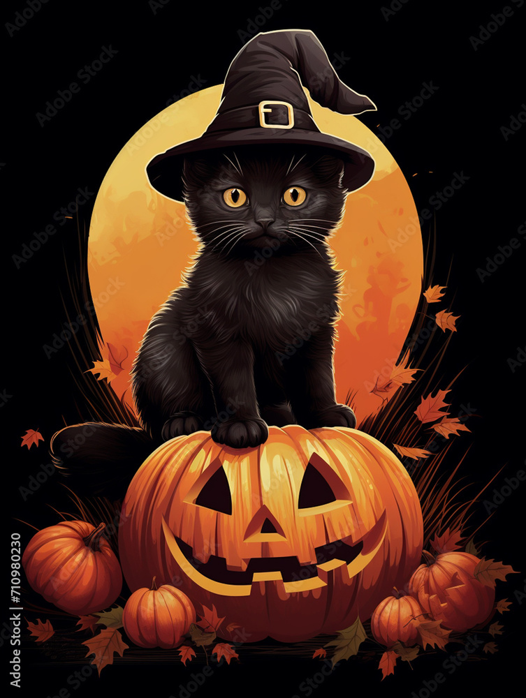 a realistic illustration of a tiny black kitten sitting on a giant pumpkin while wearing a huge black witch hat created with Generative Ai a realistic illustration of a tiny black kitten sitting on a giant pumpkin while wearing a huge black witch hat created with Generative Ai