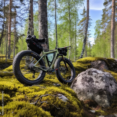 Green fat bike leaning against rock in lush green forest