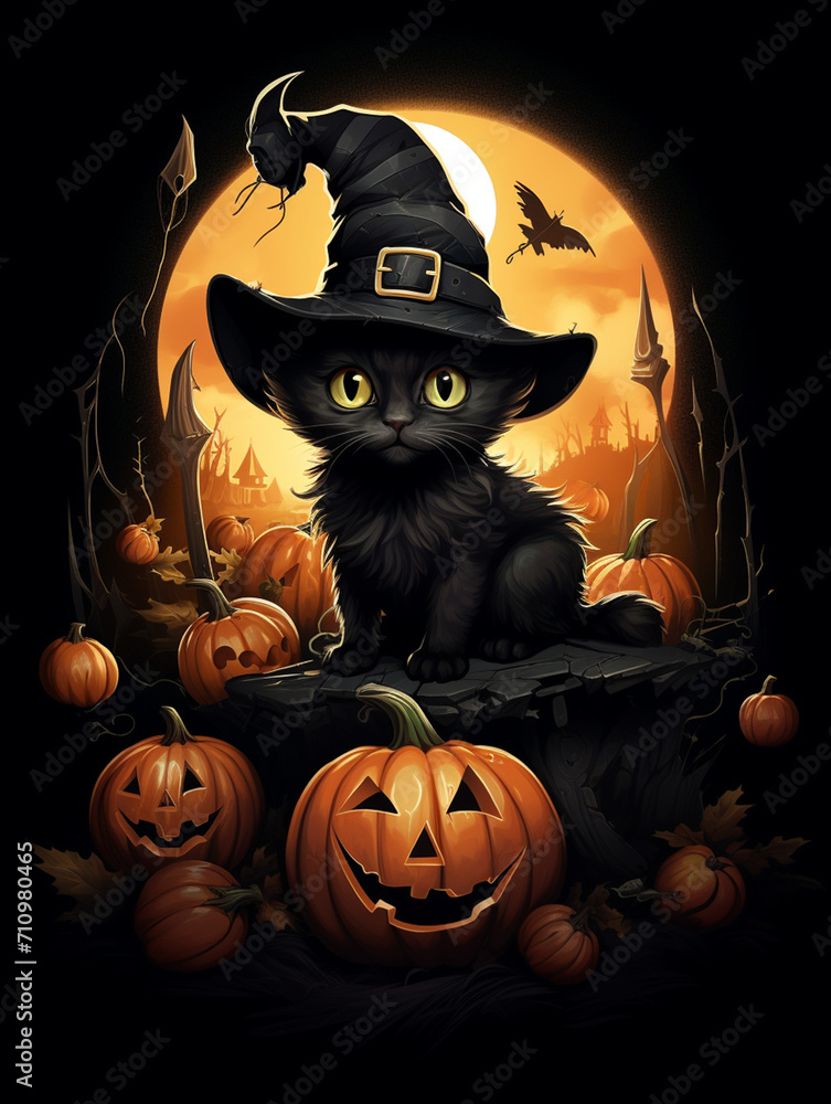 a realistic illustration of a tiny black kitten sitting on a giant pumpkin while wearing a huge black witch hat created with Generative Ai a realistic illustration of a tiny black kitten sitting on a giant pumpkin while wearing a huge black witch hat created with Generative Ai