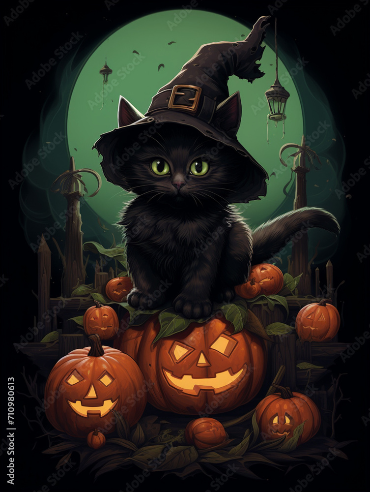 a realistic illustration of a tiny black kitten sitting on a giant pumpkin while wearing a huge black witch hat created with Generative Ai a realistic illustration of a tiny black kitten sitting on a giant pumpkin while wearing a huge black witch hat created with Generative Ai
