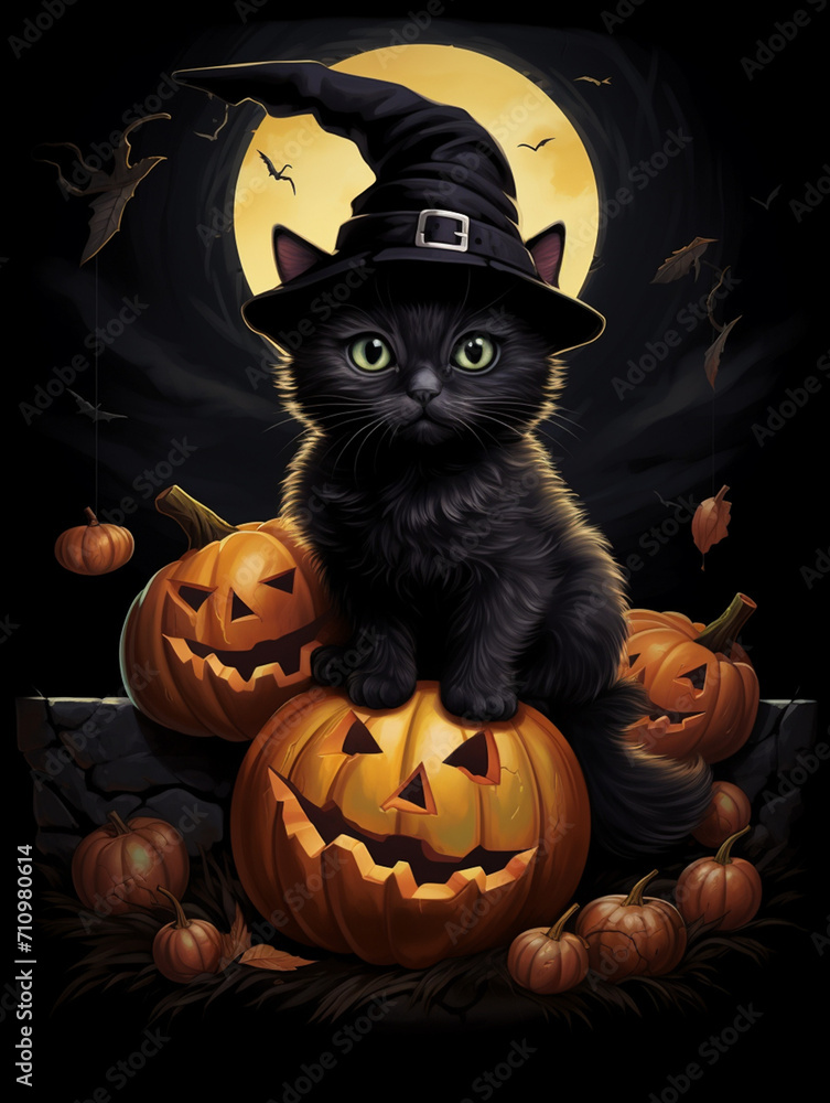 a realistic illustration of a tiny black kitten sitting on a giant pumpkin while wearing a huge black witch hat created with Generative Ai a realistic illustration of a tiny black kitten sitting on a giant pumpkin while wearing a huge black witch hat created with Generative Ai