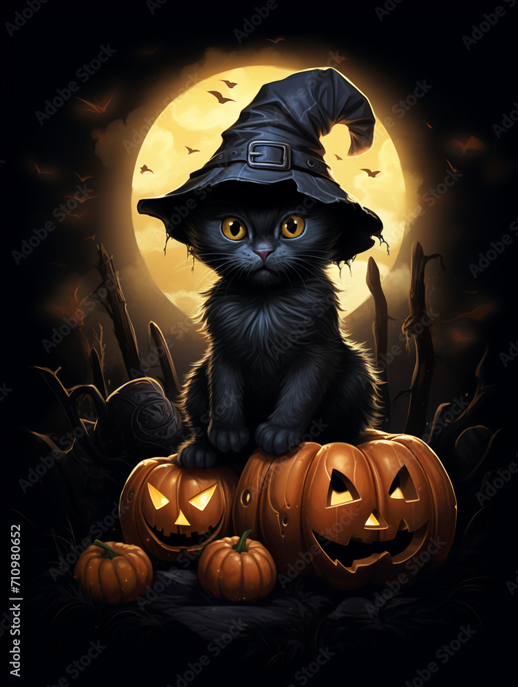 a realistic illustration of a tiny black kitten sitting on a giant pumpkin while wearing a huge black witch hat created with Generative Ai a realistic illustration of a tiny black kitten sitting on a giant pumpkin while wearing a huge black witch hat created with Generative Ai