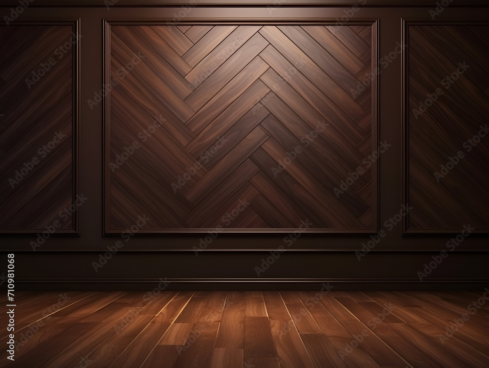 Dark brown classic wall background with copy space. Parquet floor. Mock up room. Dark brown classic wall background with copy space. Parquet floor. Mock up room.