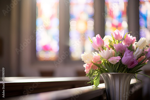 church decorated with real spring flowers for Easter © Iryna