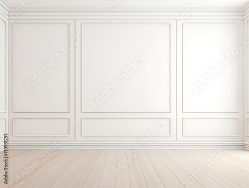 White classic wall background with copy space. Parquet floor. Mock up room. 