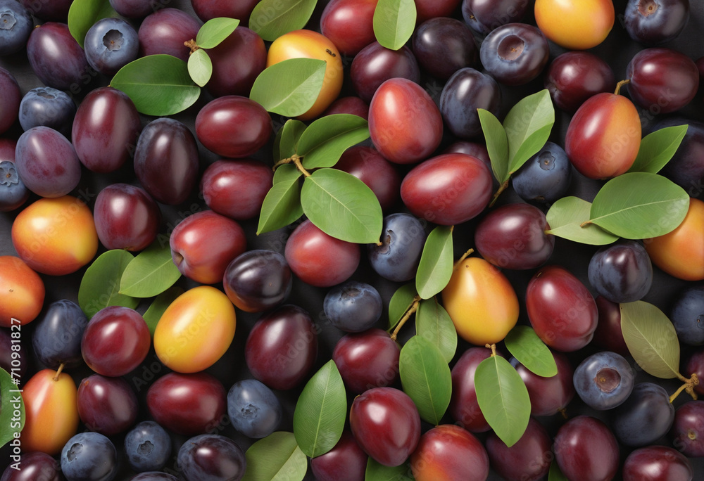 Fall flat lay background of plum seeds and leaves pattern Fall flat lay background of plum seeds and leaves pattern