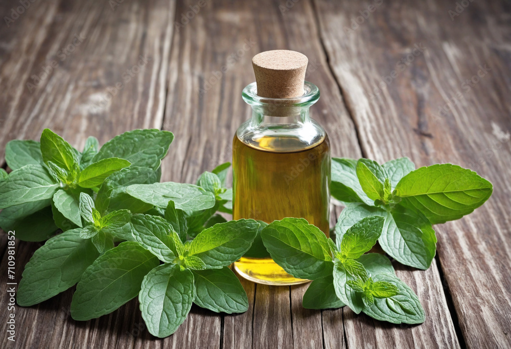 Fresh mint essential oil in bottle, aromatic mint leaves on rustic wooden table, herbal remedy. Fresh mint essential oil in bottle, aromatic mint leaves on rustic wooden table, herbal remedy.