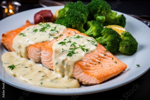 Salmon with broccoli sauce on the plate.