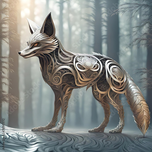 An alert four-legged fox wearing all-metal armor, with intricate detail, against an ethereal glowing forest