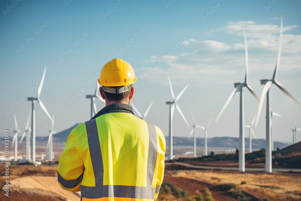Wind turbine engineer standing controling wind turbine energy generation on the background of windmills. Wind turbine engineer standing controling wind turbine energy generation on the background of windmills.