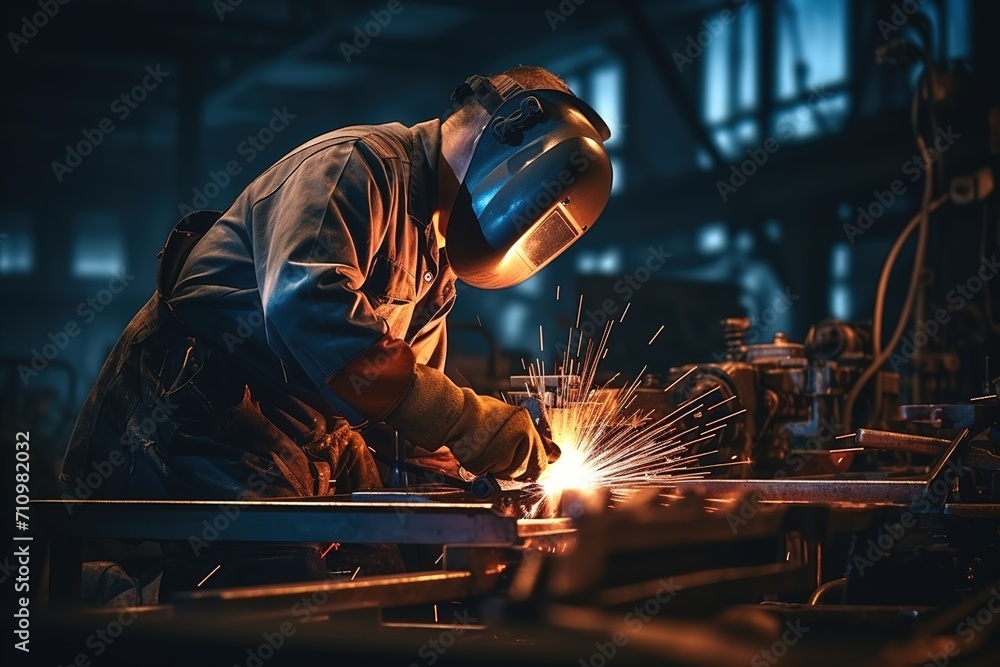 Industrial Welder Wearing Protective Gear And Using Welding Torch In Factory Industrial Welder Wearing Protective Gear And Using Welding Torch In Factory